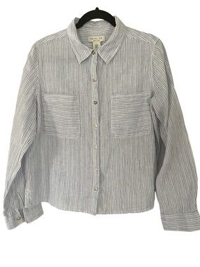 Rachel Zoe 100% Linen Blue and White Striped Button Down Shirt